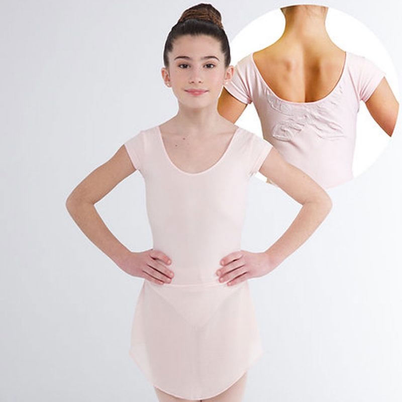 244-SEAMLESS-SHAPING-LEOTARD-FOR-GIRLS-WITH-SHORT-SLEEVES,-BUTTERFLY-PATTERN-AND-SKIRT